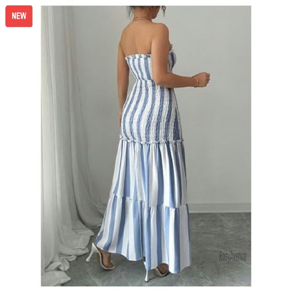 Strapless Maxi Tube Dress Ruffle Hem Cut Out Summer Vacation Long Dress - Picture 3 of 6